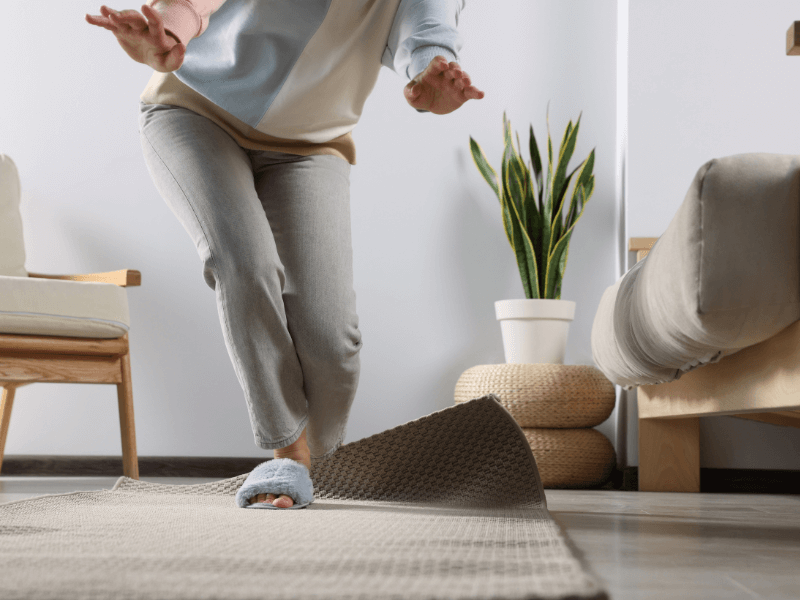 Person tripping over a rug and about to fall over